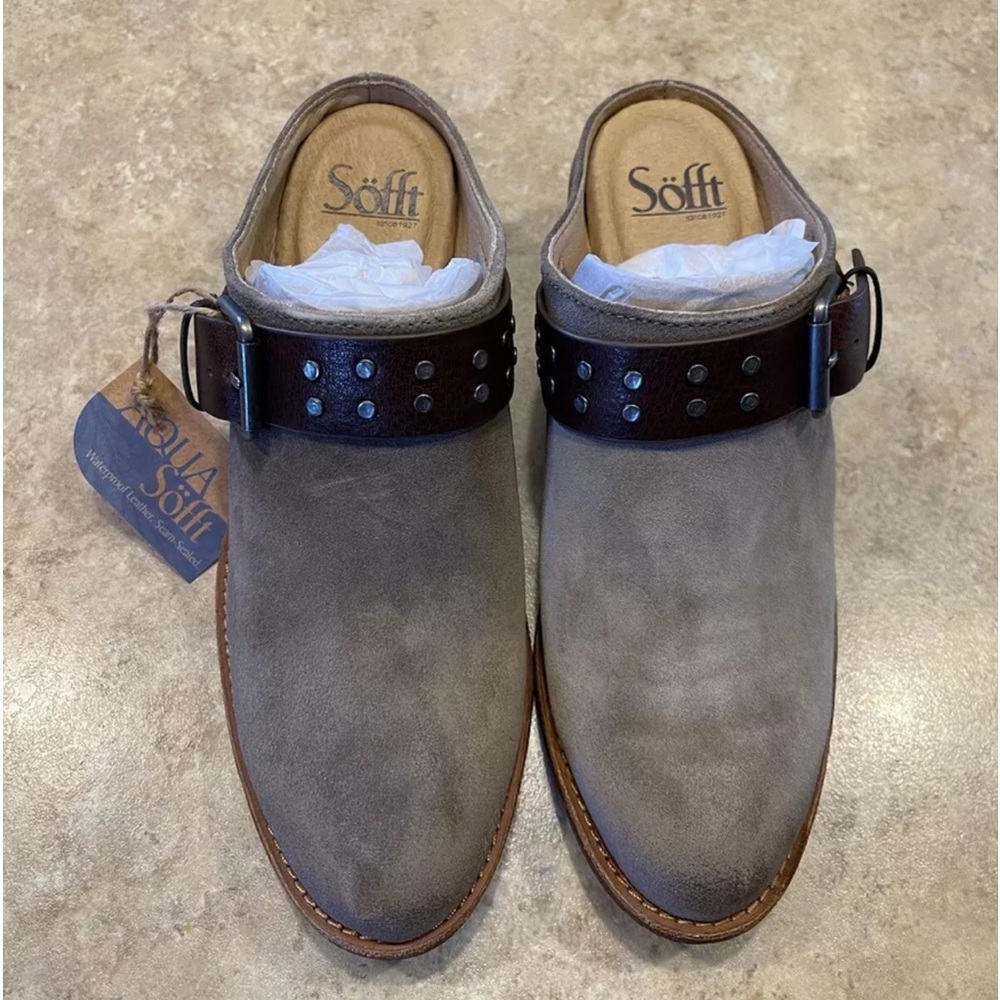 NEW Sofft Adena Slip On Bootie Buckle Heel Clogs Taupe Suede Women's Size 8M
